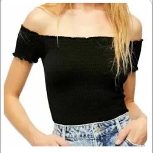 Free People Black Ruched Off Shoulder Top Size Medium/Large